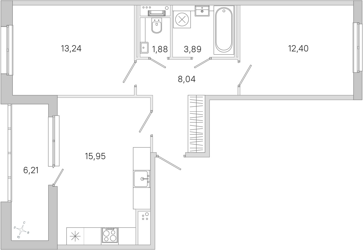 Планировка: 2-комнатная квартира, 55,4 м²