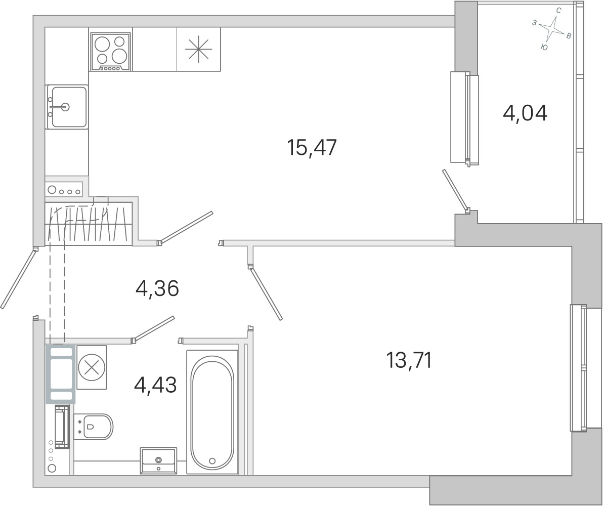 Планировка: 1-комнатная квартира, 38,0 м²