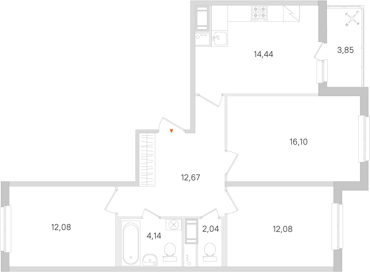 Планировка: 3-комнатная квартира, 73,6 м²