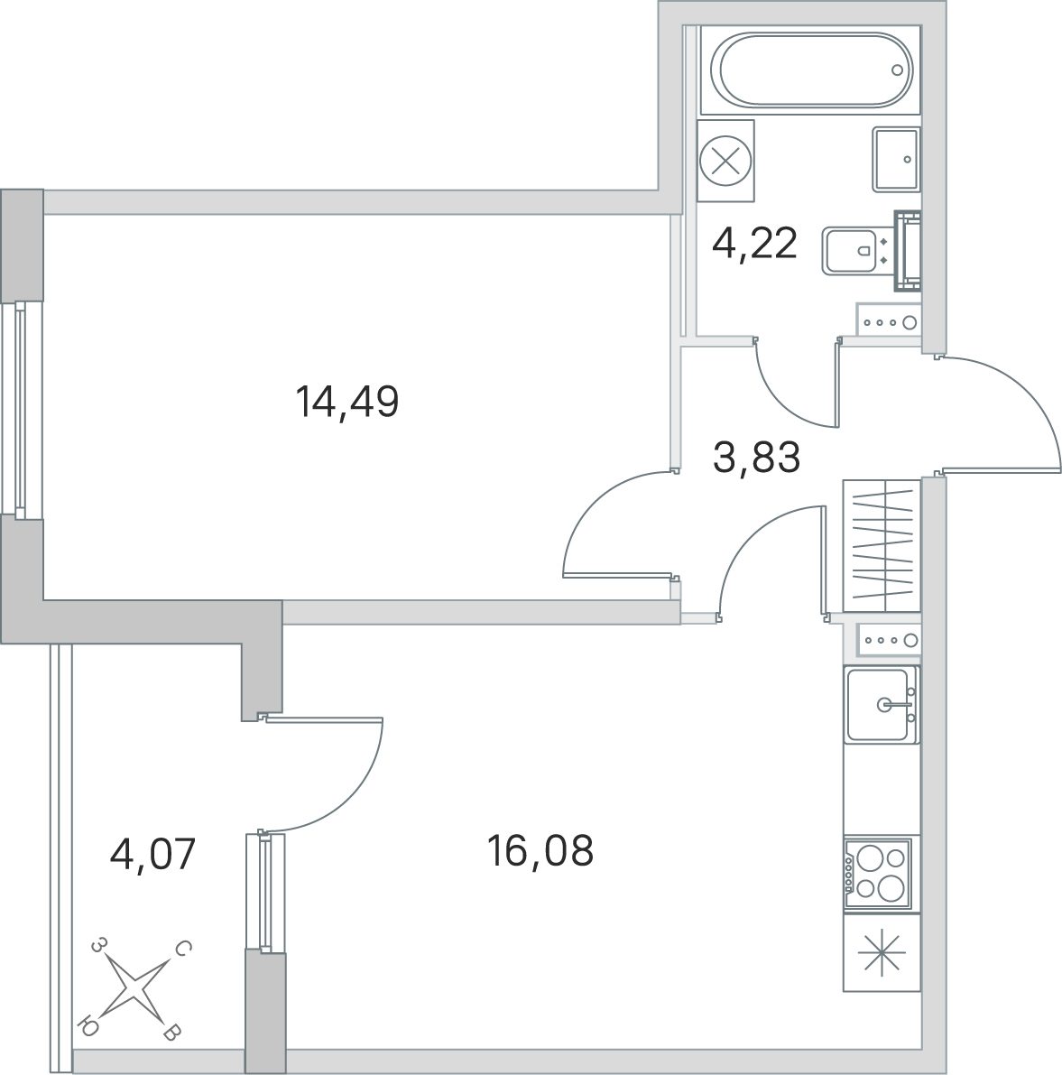 Планировка: 1-комнатная квартира, 38,6 м²