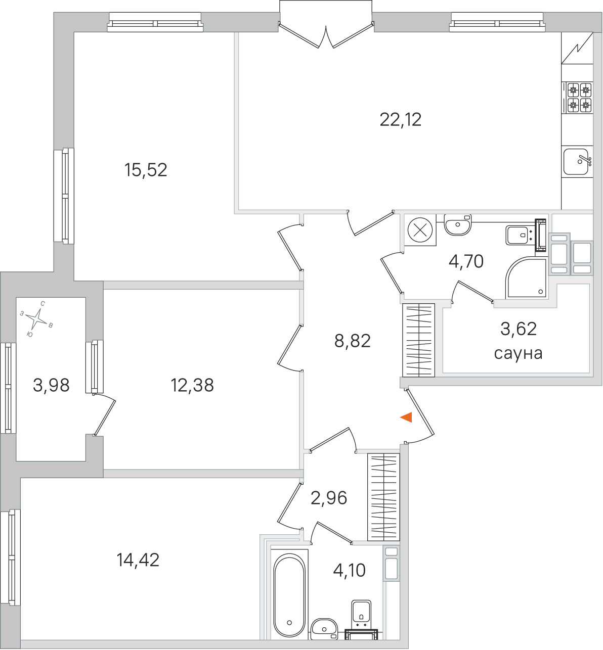 Планировка: 3-комнатная квартира, 88,6 м²