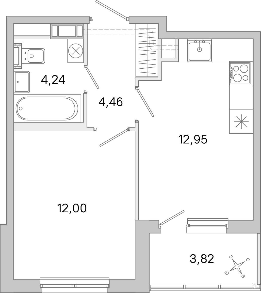 Планировка: 1-комнатная квартира, 33,7 м²