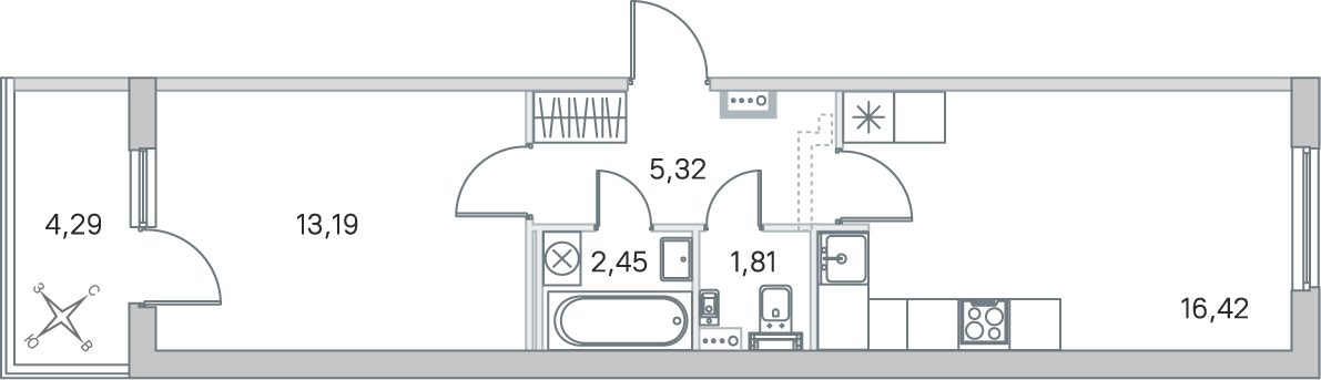 Планировка: 1-комнатная квартира, 39,2 м²