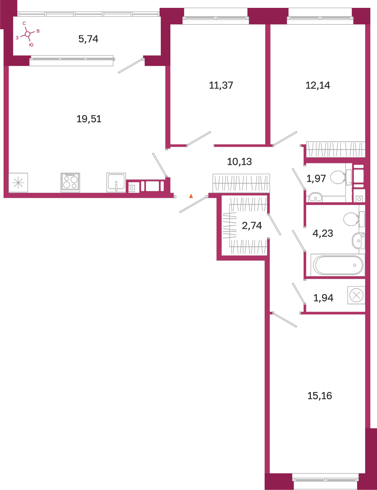 Планировка: 3-комнатная квартира, 79,2 м²