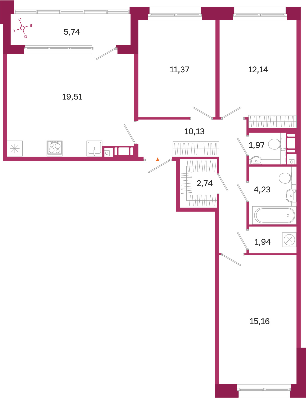 Планировка: 3-комнатная квартира, 79,2 м²