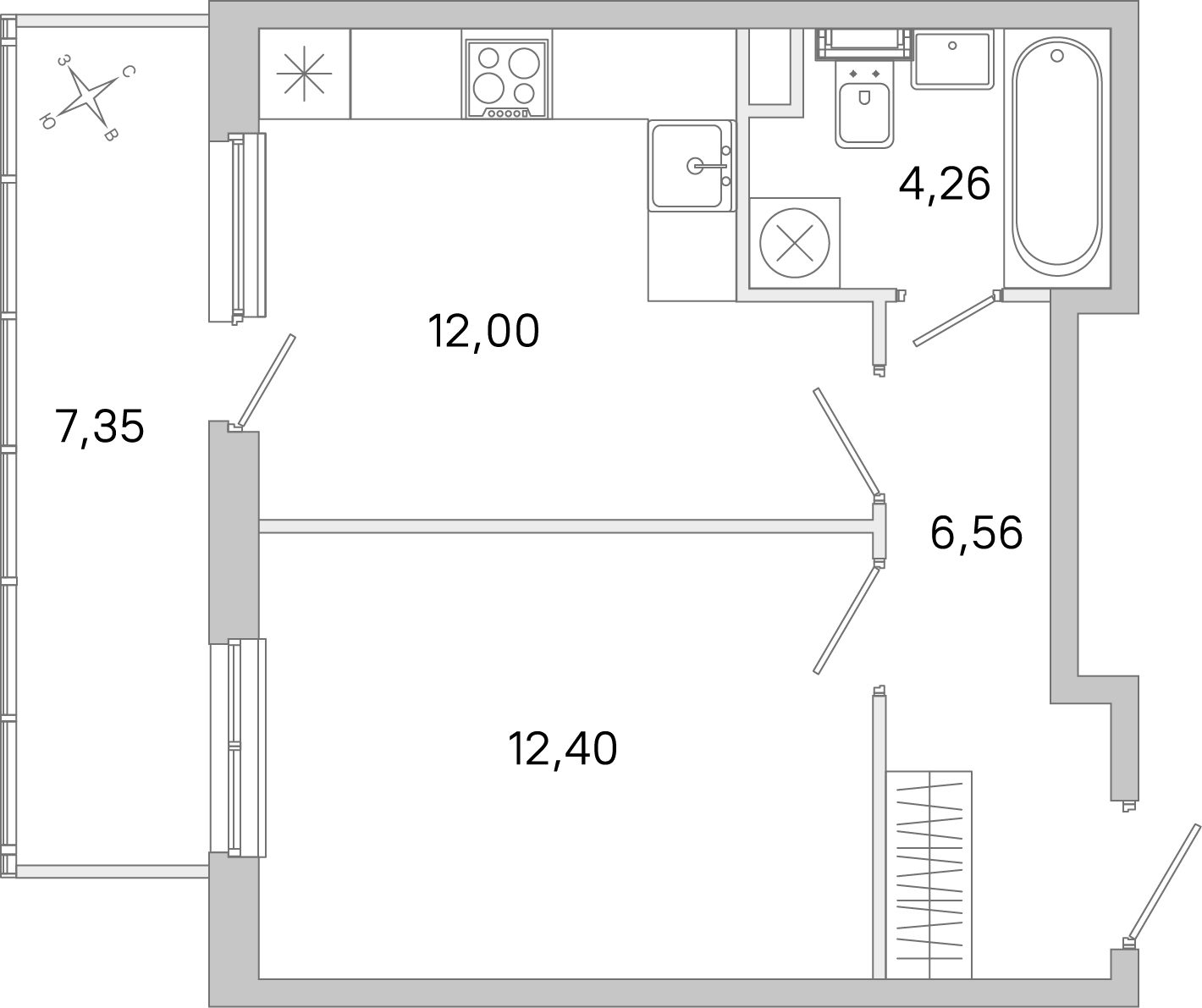 Планировка: 1-комнатная квартира, 35,2 м²
