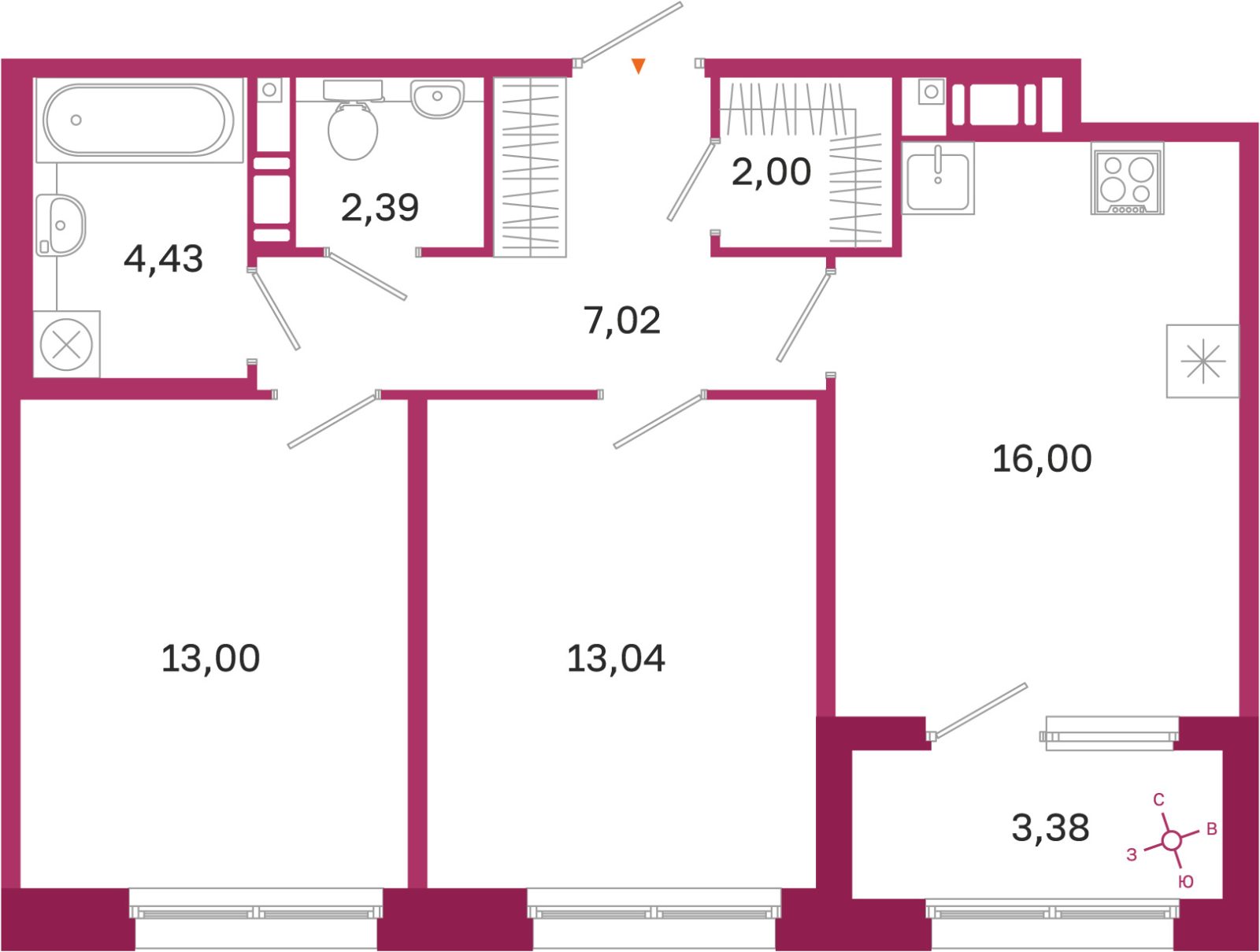 Планировка: 2-комнатная квартира, 57,9 м²