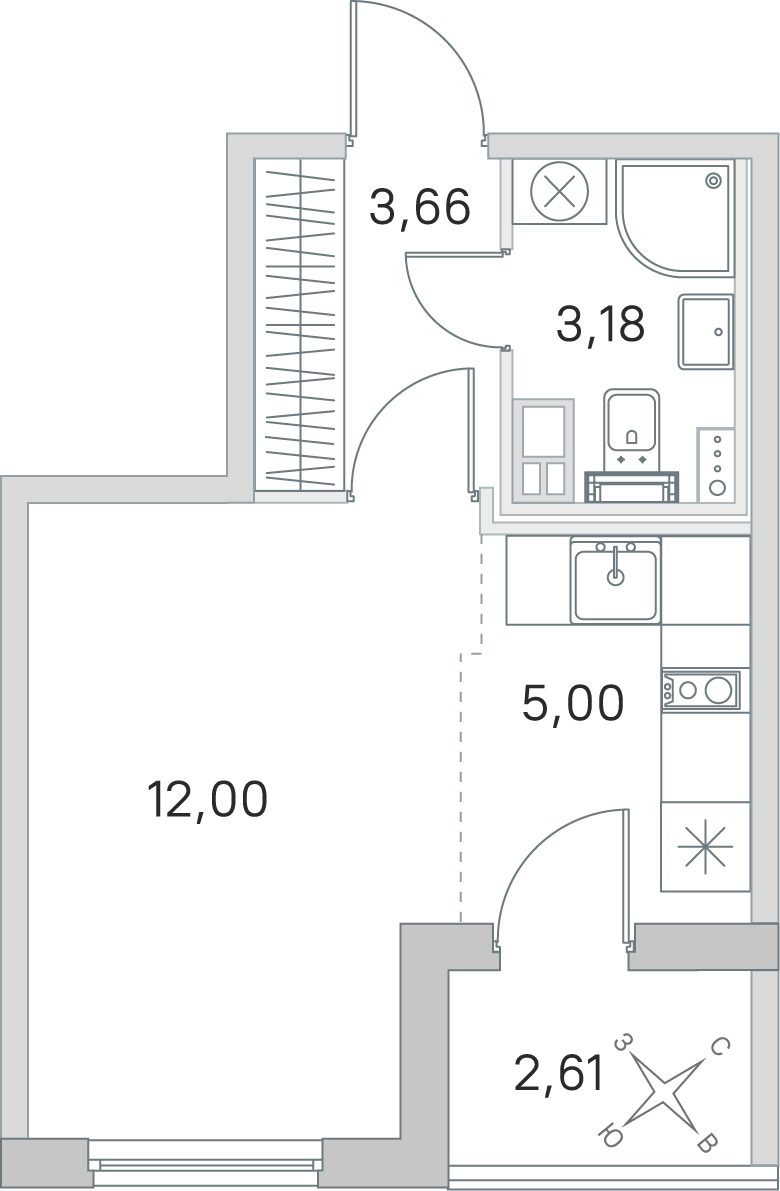 Планировка: студия, 23,8 м²