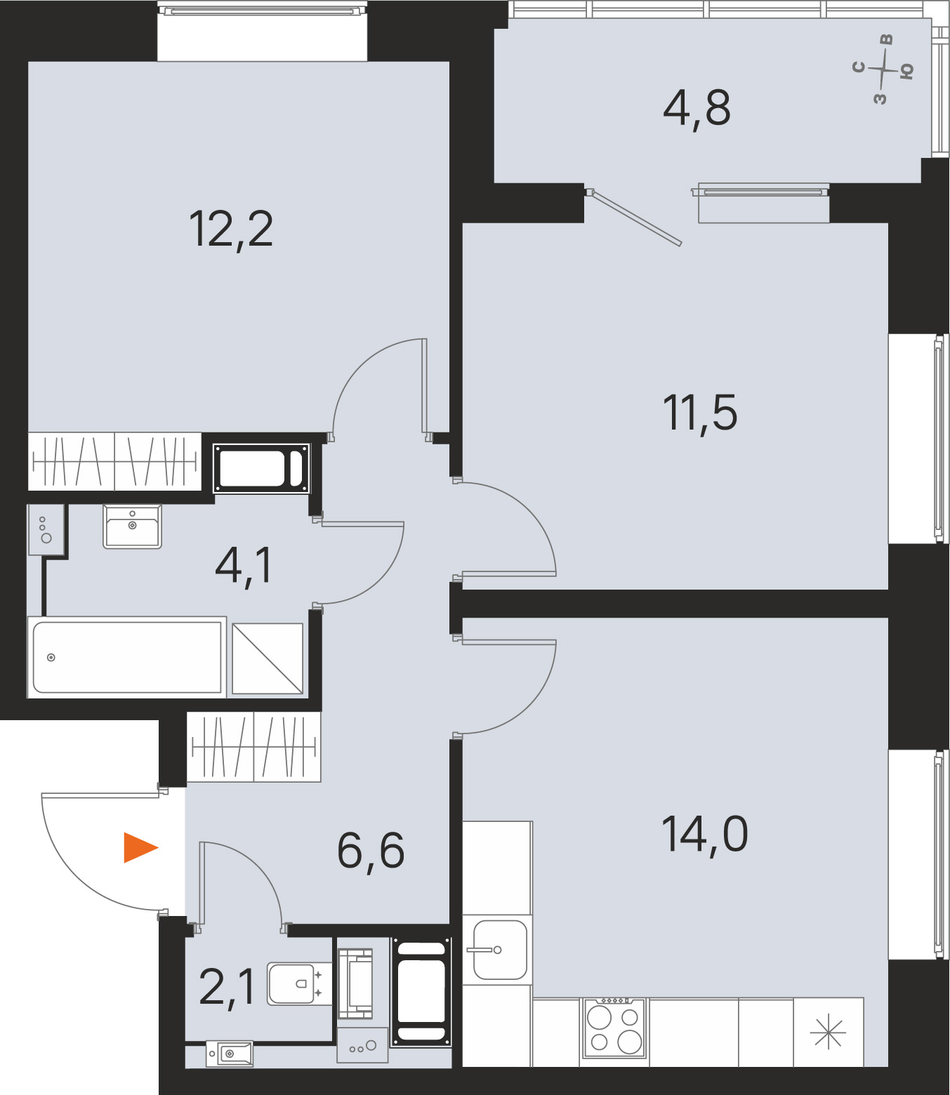 Планировка: 2-комнатная квартира, 50,5 м²