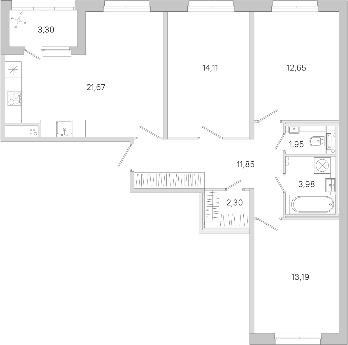 Планировка: 3-комнатная квартира, 81,7 м²