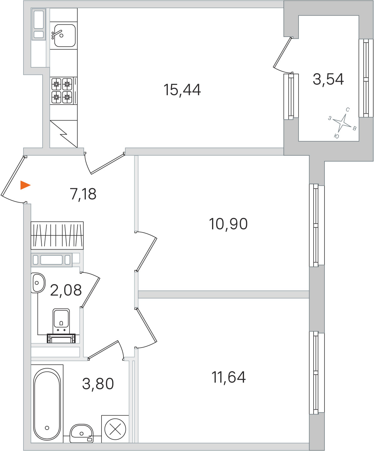 Планировка: 2-комнатная квартира, 51,0 м²