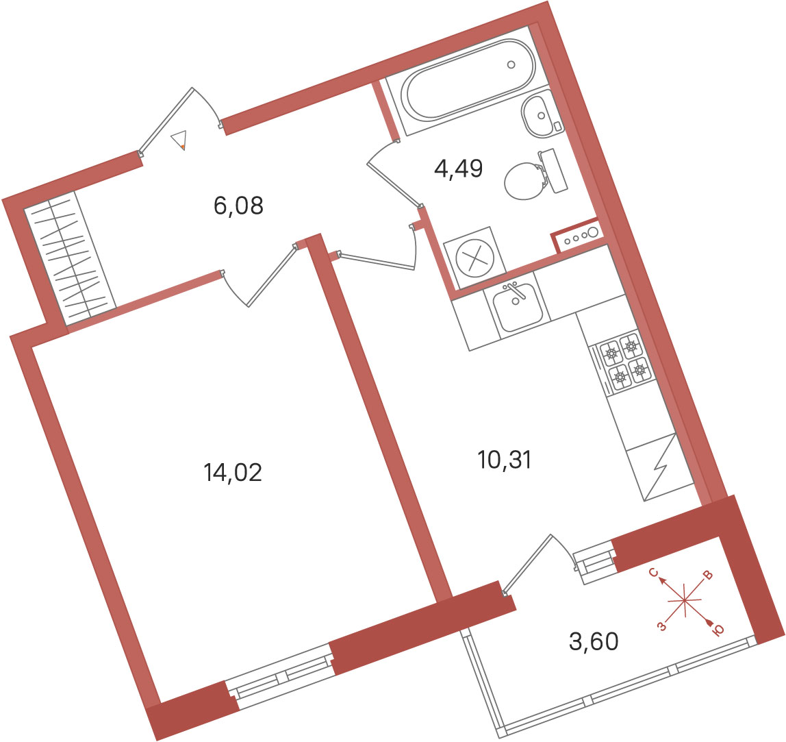 Планировка: 1-комнатная квартира, 34,9 м²