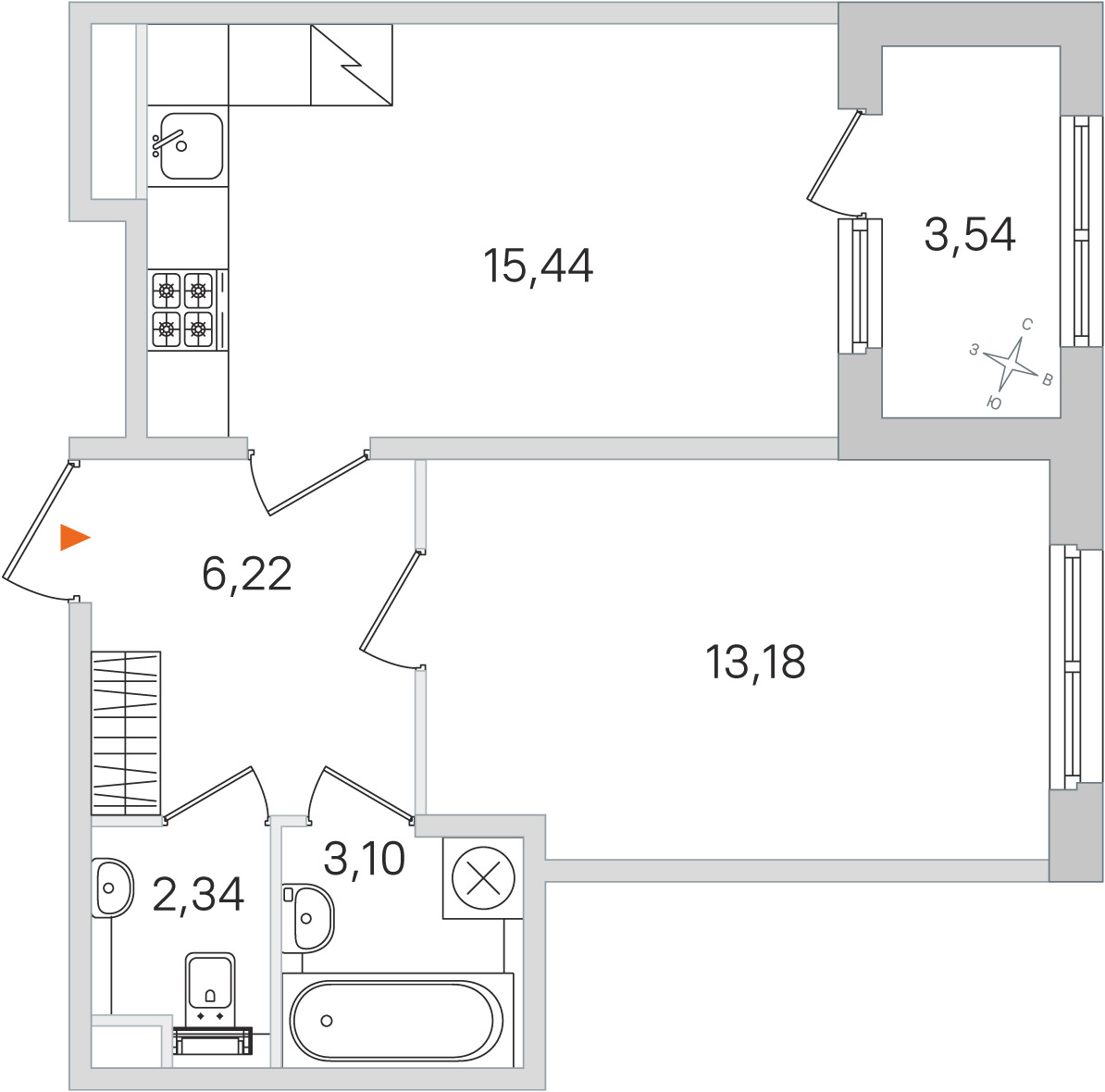Планировка: 1-комнатная квартира, 40,3 м²