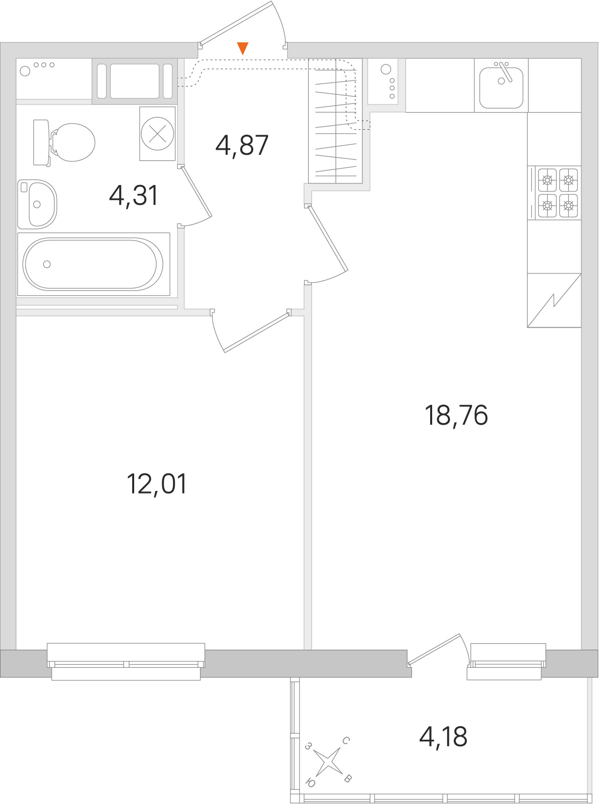 Планировка: 1-комнатная квартира, 40,0 м²