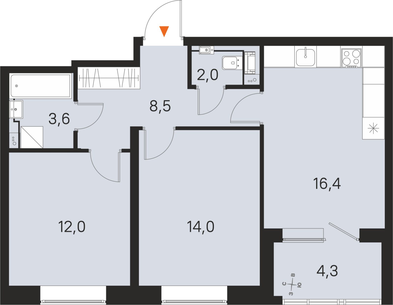 Планировка: 2-комнатная квартира, 56,5 м²
