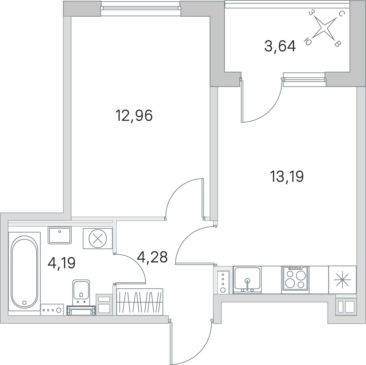 Планировка: 1-комнатная квартира, 34,6 м²