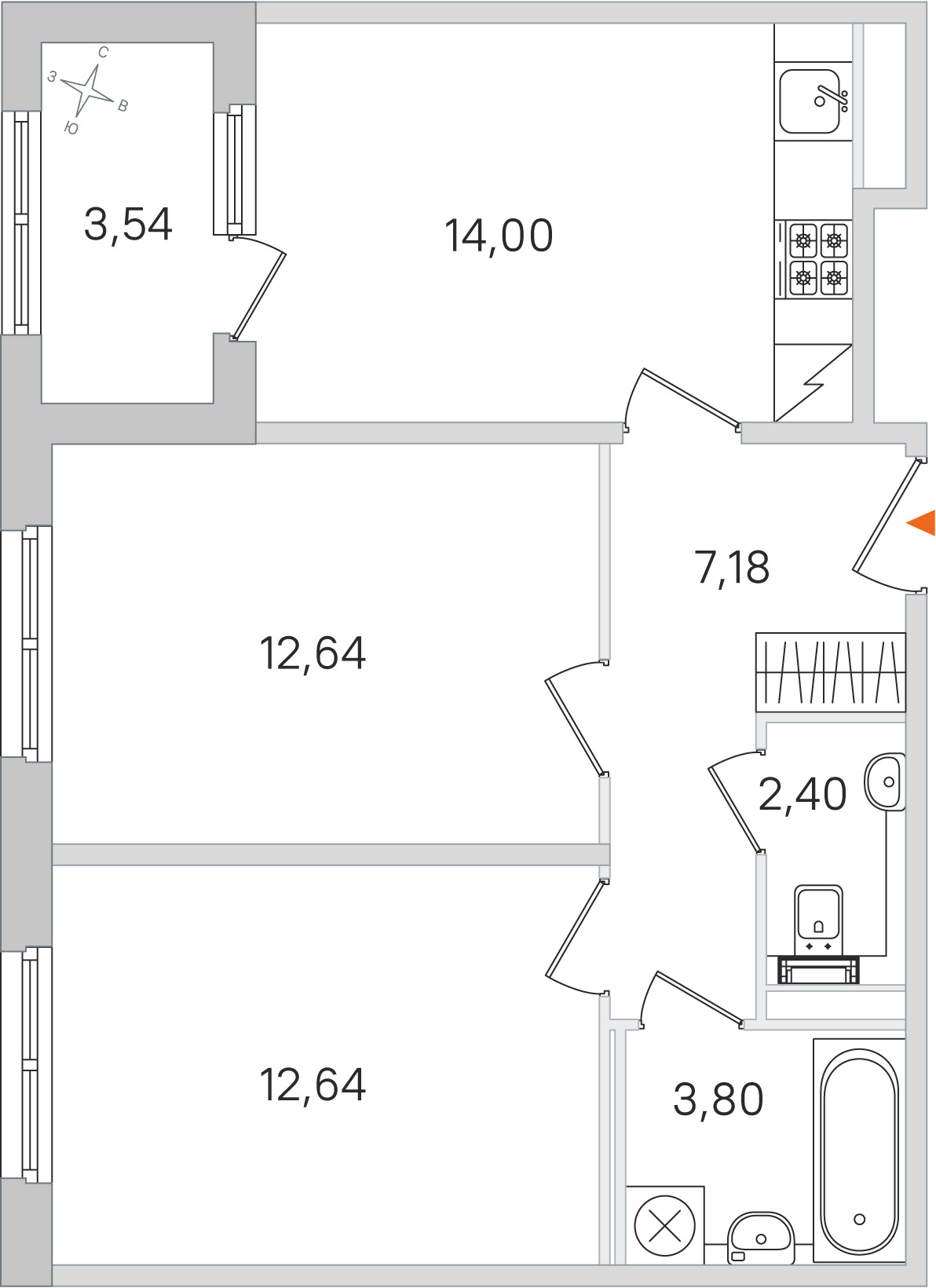 Планировка: 2-комнатная квартира, 52,7 м²