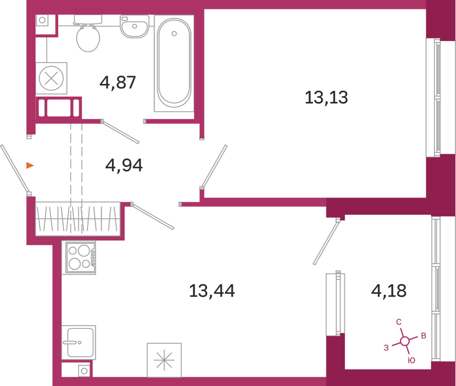 Планировка: 1-комнатная квартира, 36,4 м²