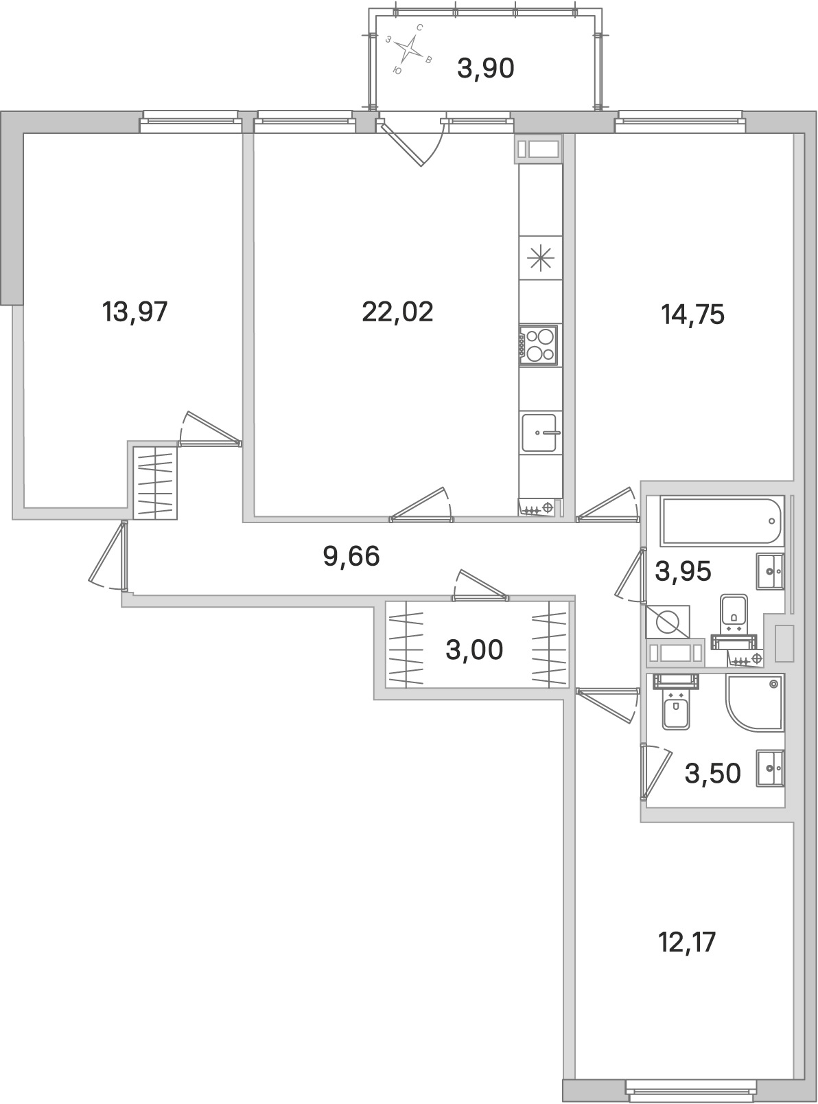 Планировка: 3-комнатная квартира, 83,0 м²