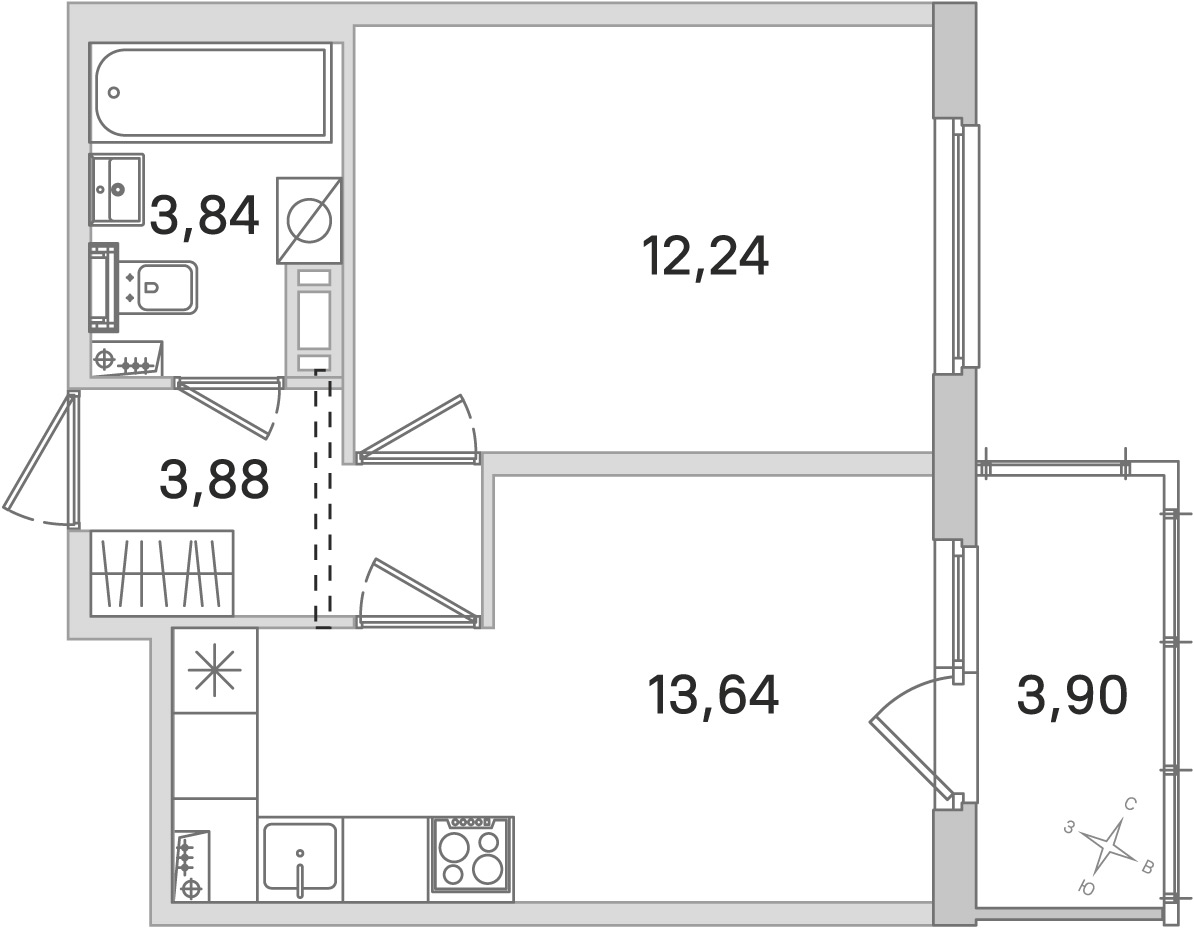 Планировка: 1-комнатная квартира, 33,6 м²