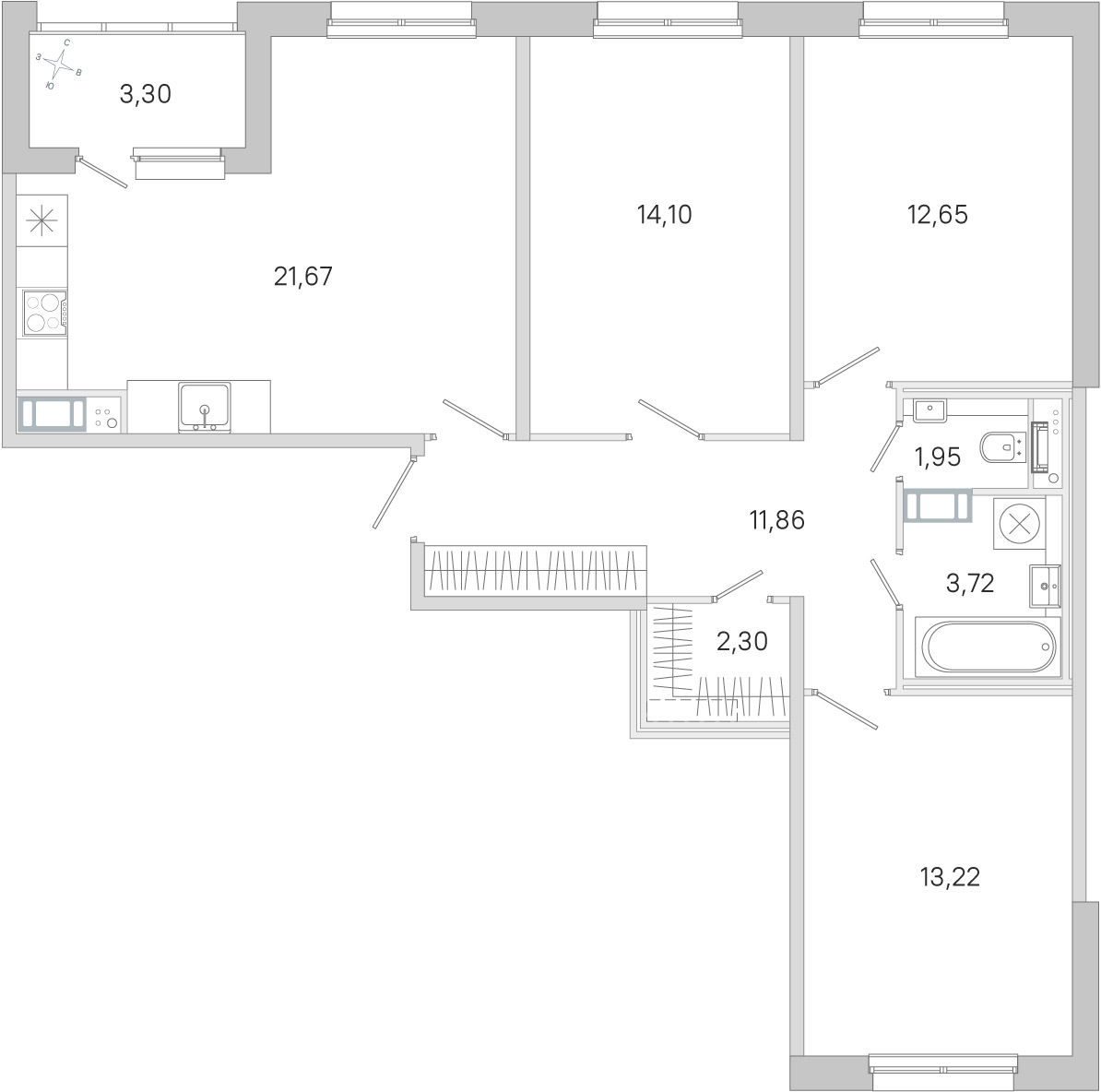 Планировка: 3-комнатная квартира, 81,5 м²