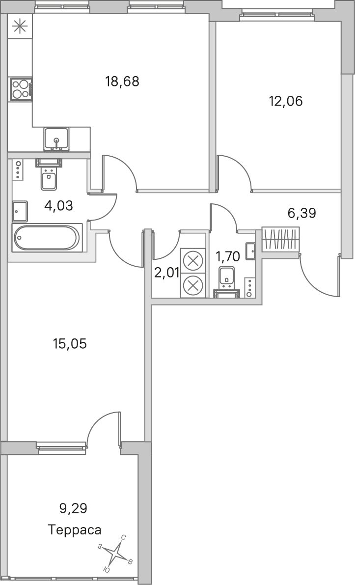 Планировка: 2-комнатная квартира, 59,9 м²