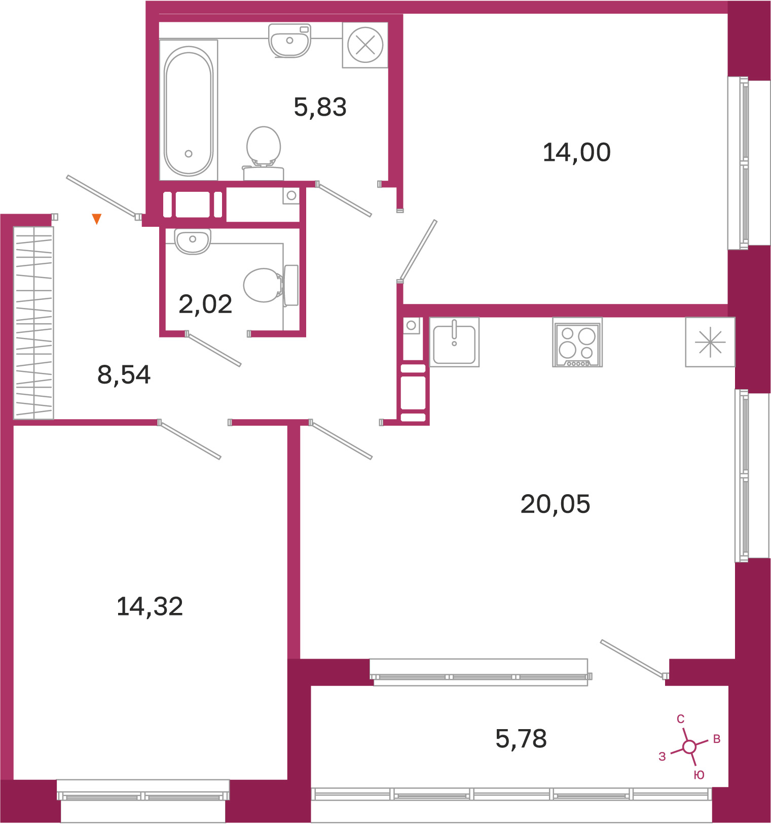 Планировка: 2-комнатная квартира, 64,8 м²