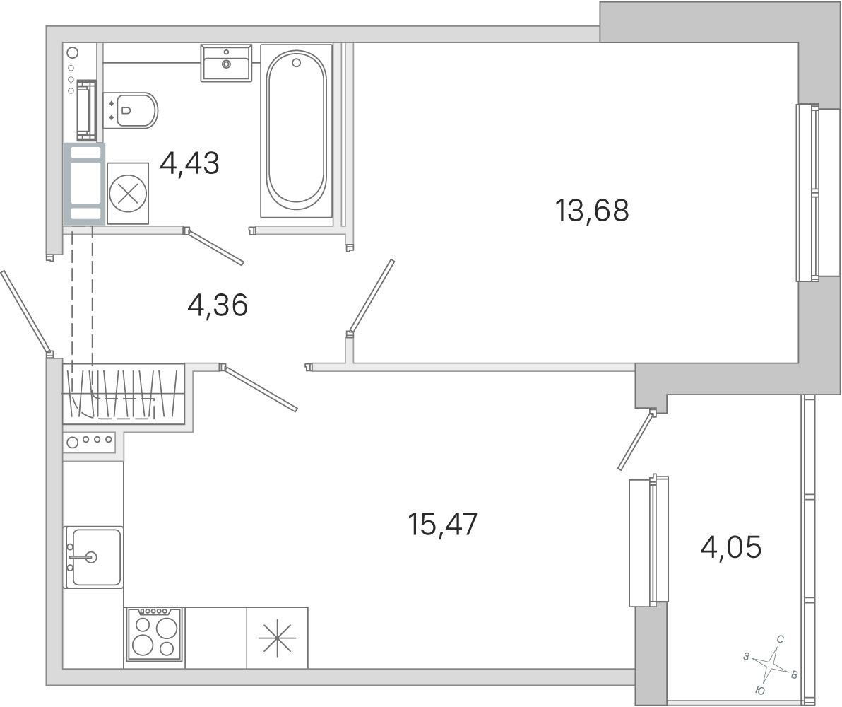 Планировка: 1-комнатная квартира, 37,9 м²