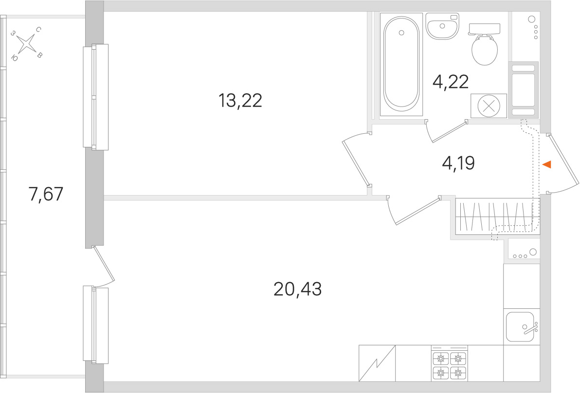 Планировка: 1-комнатная квартира, 42,1 м²