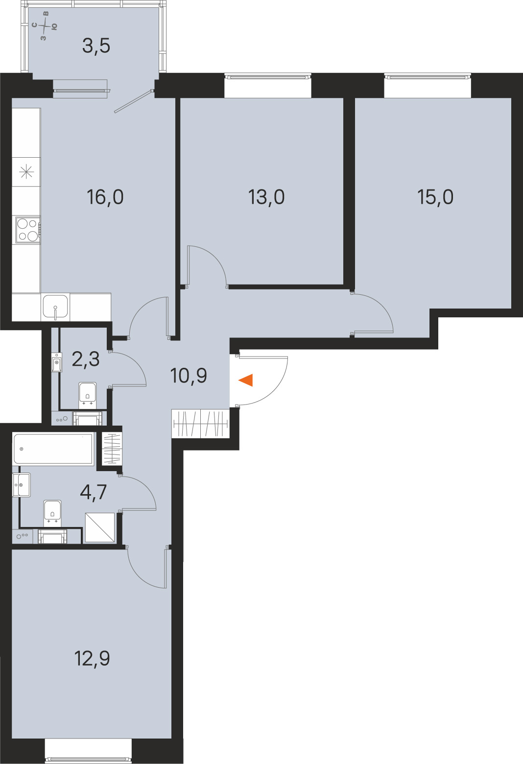 Планировка: 3-комнатная квартира, 74,8 м²