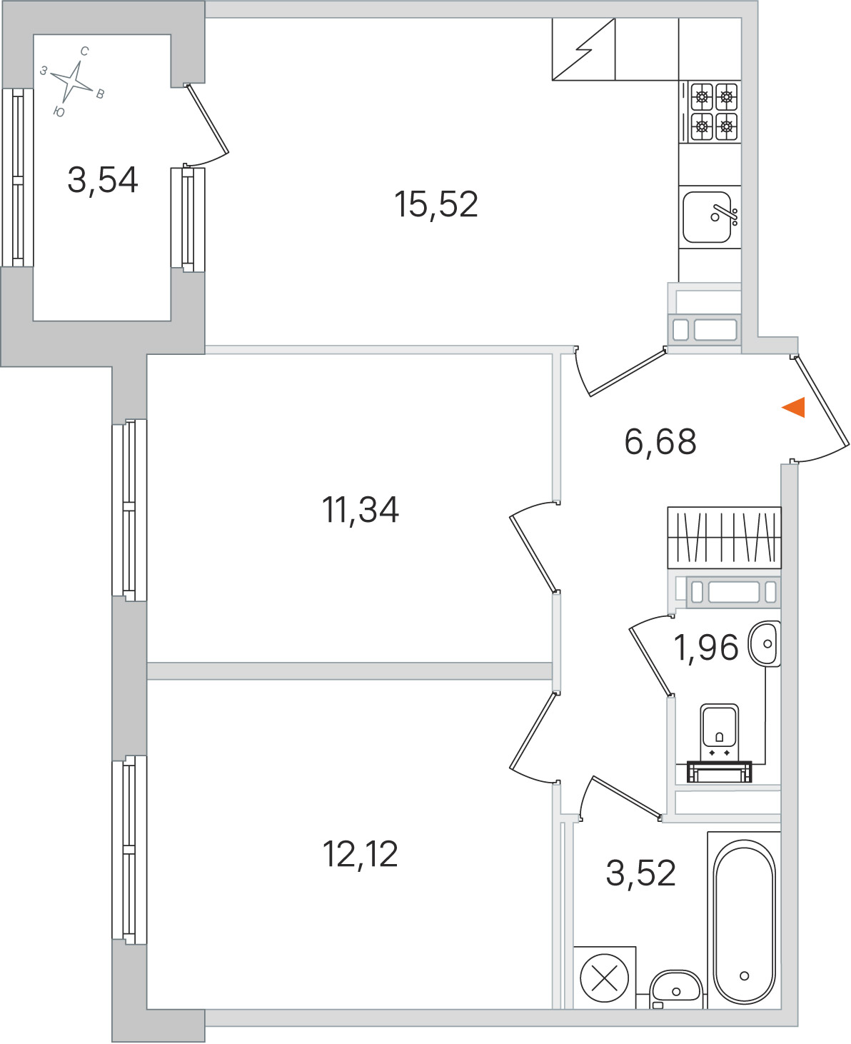 Планировка: 2-комнатная квартира, 51,1 м²