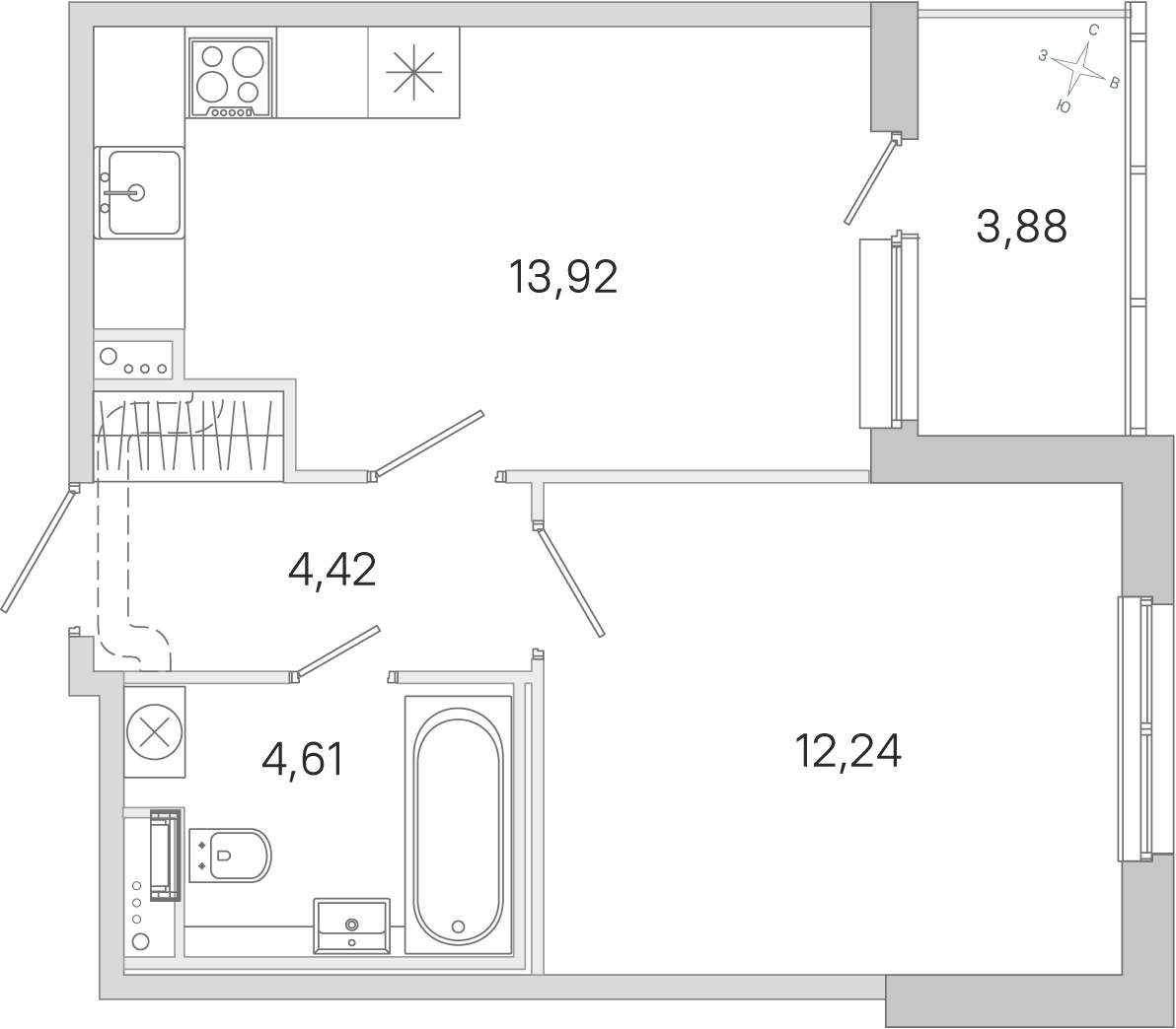 Планировка: 1-комнатная квартира, 35,2 м²