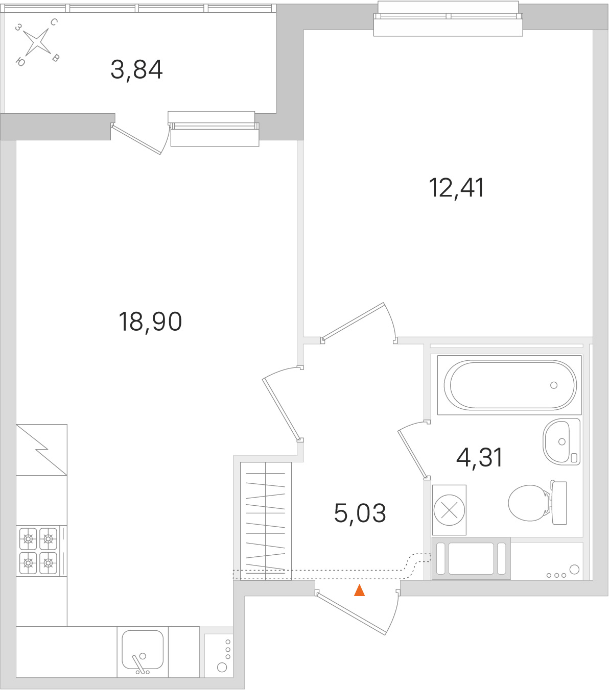 Планировка: 1-комнатная квартира, 40,7 м²