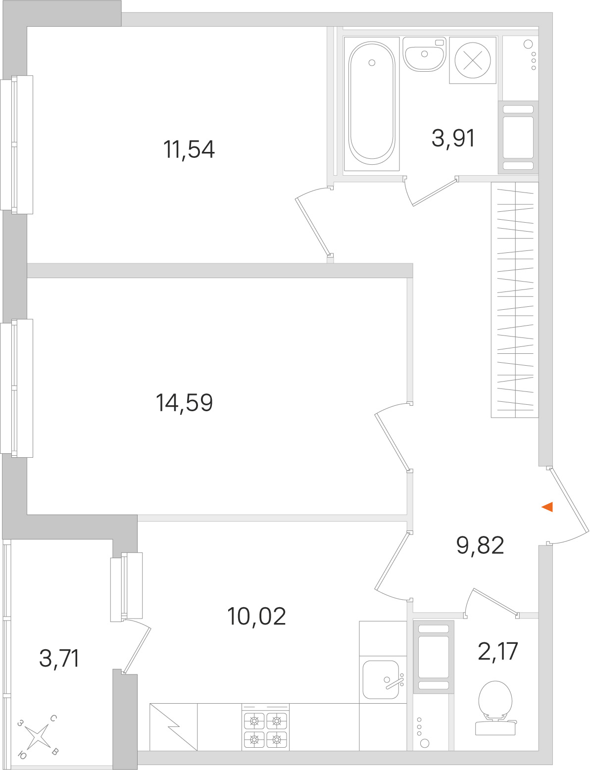 Планировка: 2-комнатная квартира, 52,1 м²