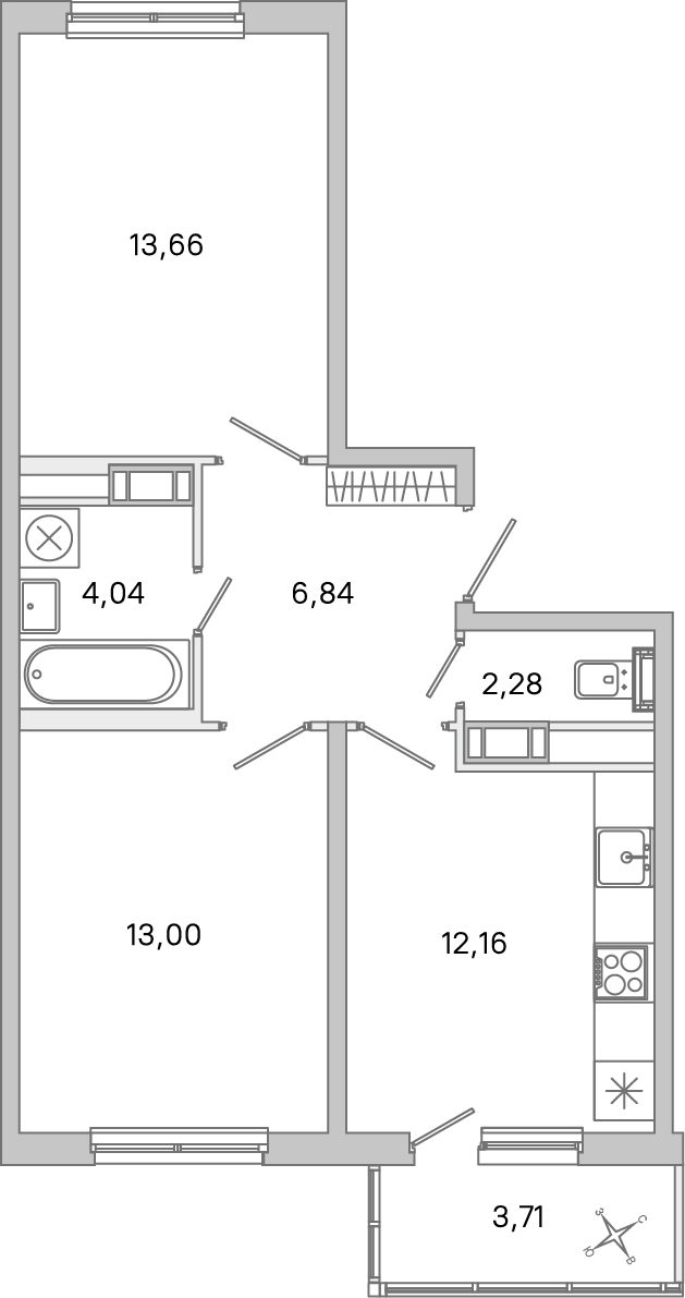 Планировка: 2-комнатная квартира, 52,0 м²
