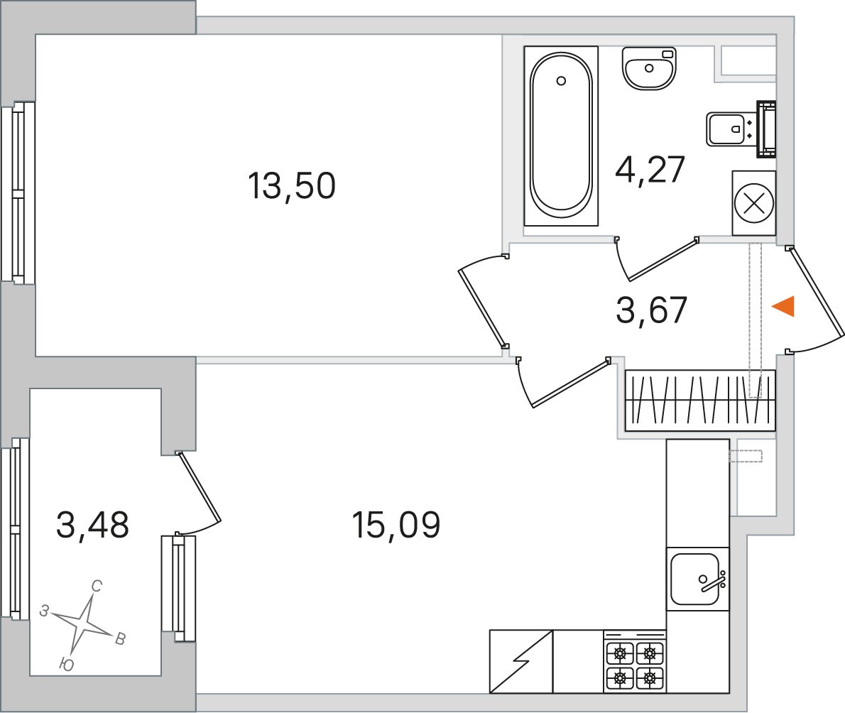 Планировка: 1-комнатная квартира, 36,5 м²