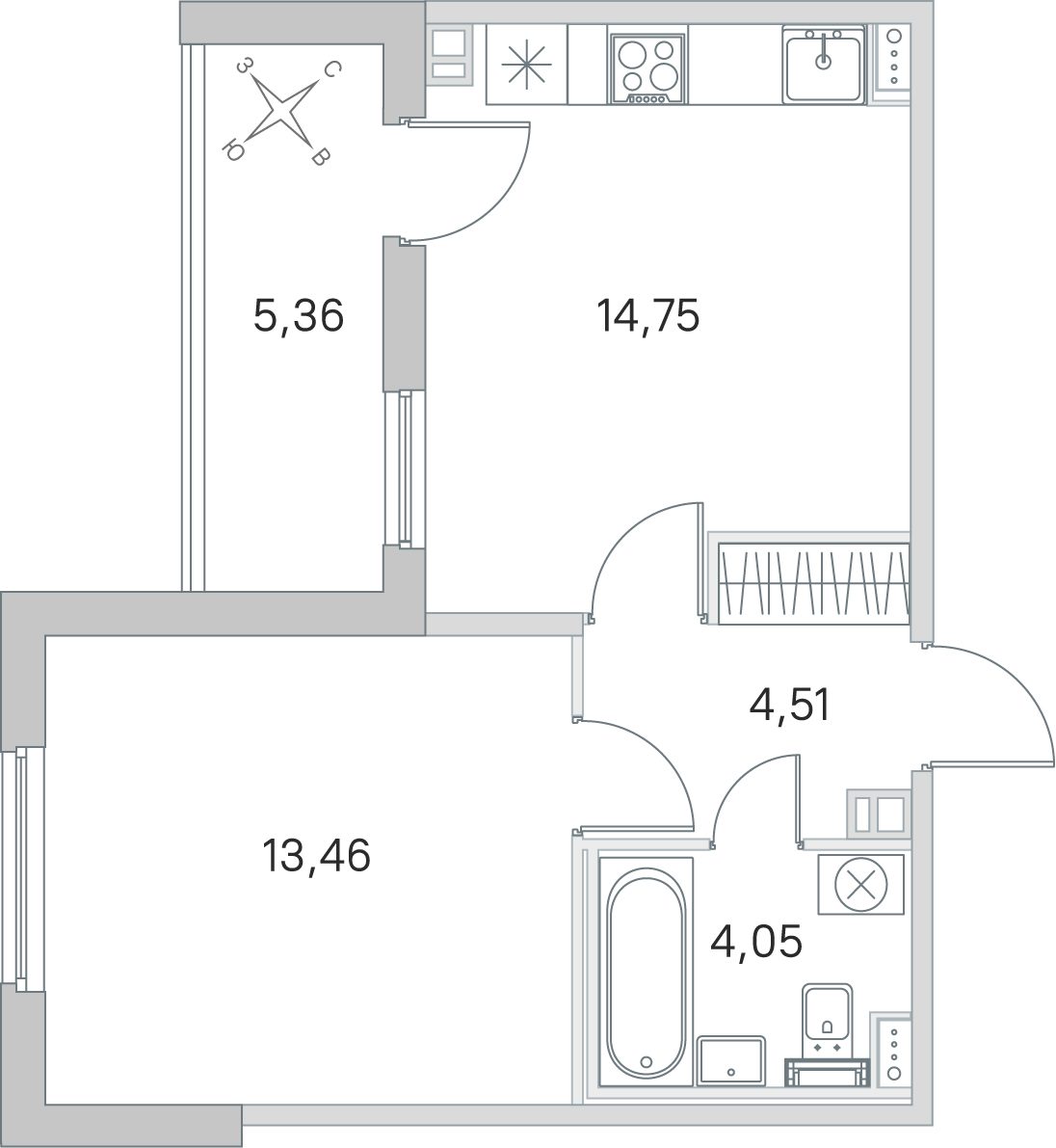 Планировка: 1-комнатная квартира, 36,8 м²