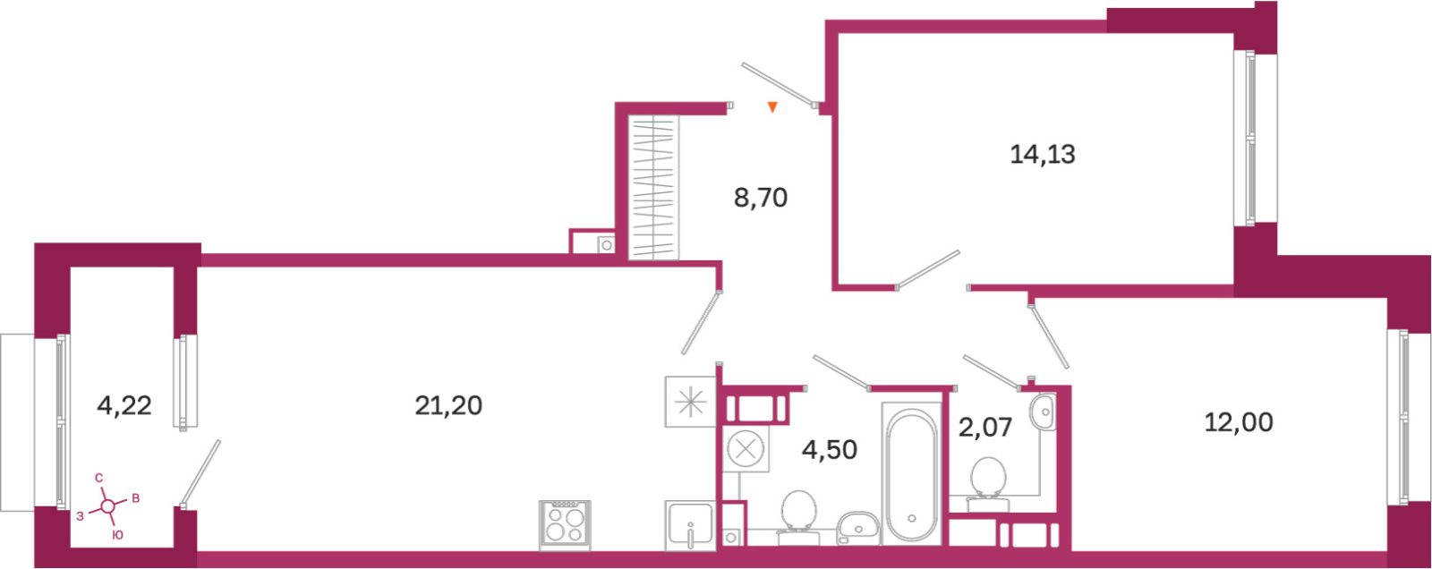 Планировка: 2-комнатная квартира, 62,6 м²