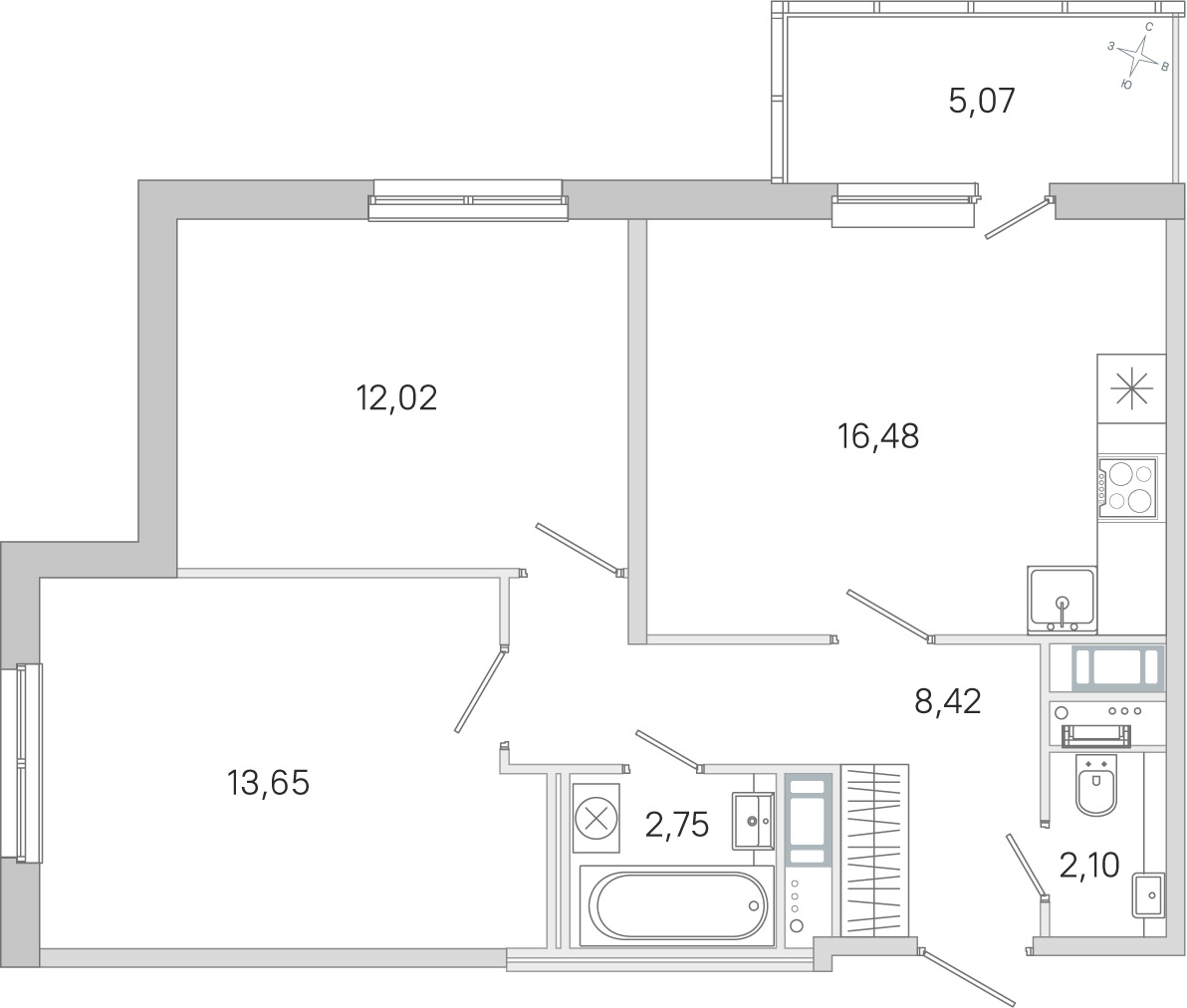Планировка: 2-комнатная квартира, 55,4 м²