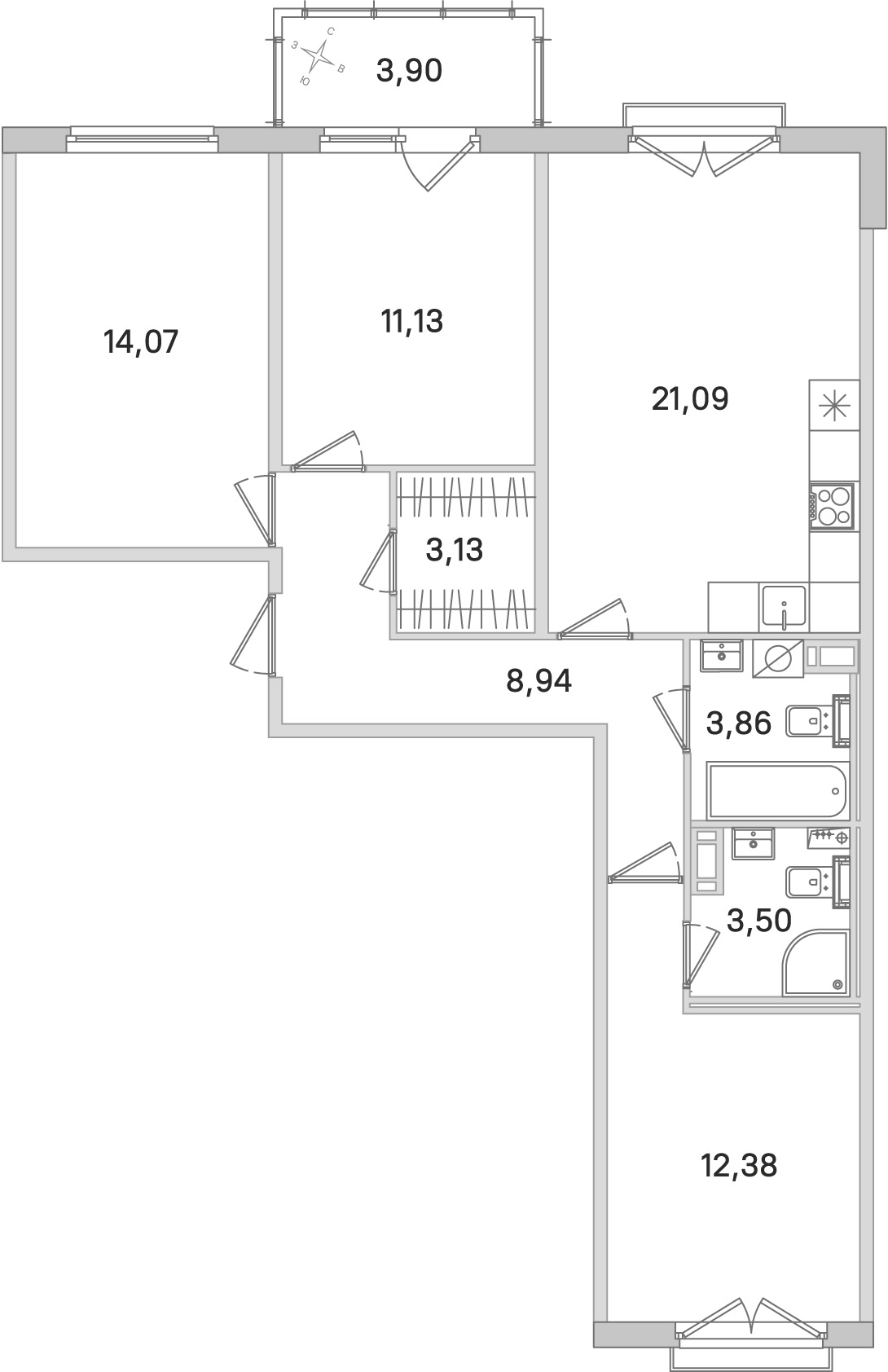 Планировка: 3-комнатная квартира, 78,1 м²