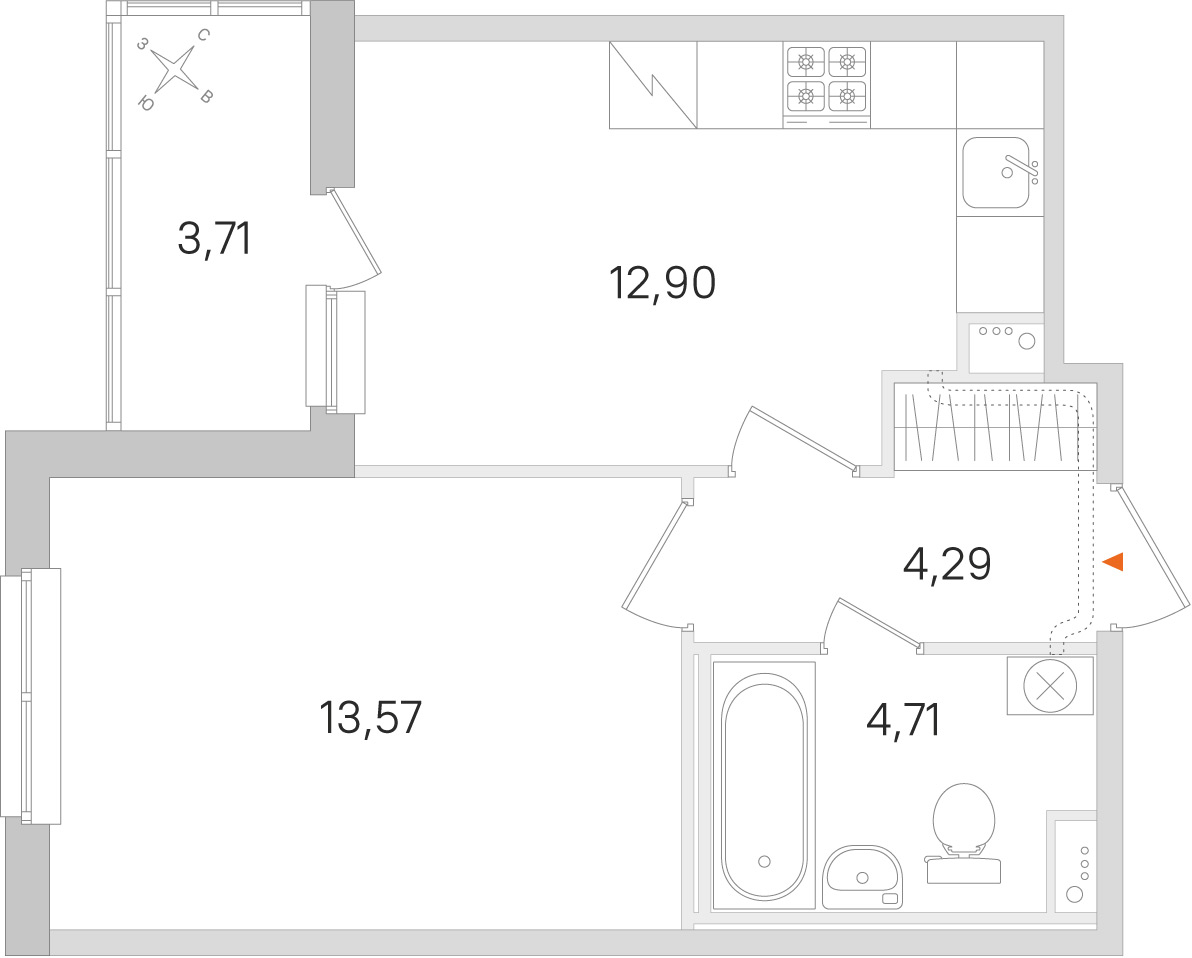Планировка: 1-комнатная квартира, 35,5 м²