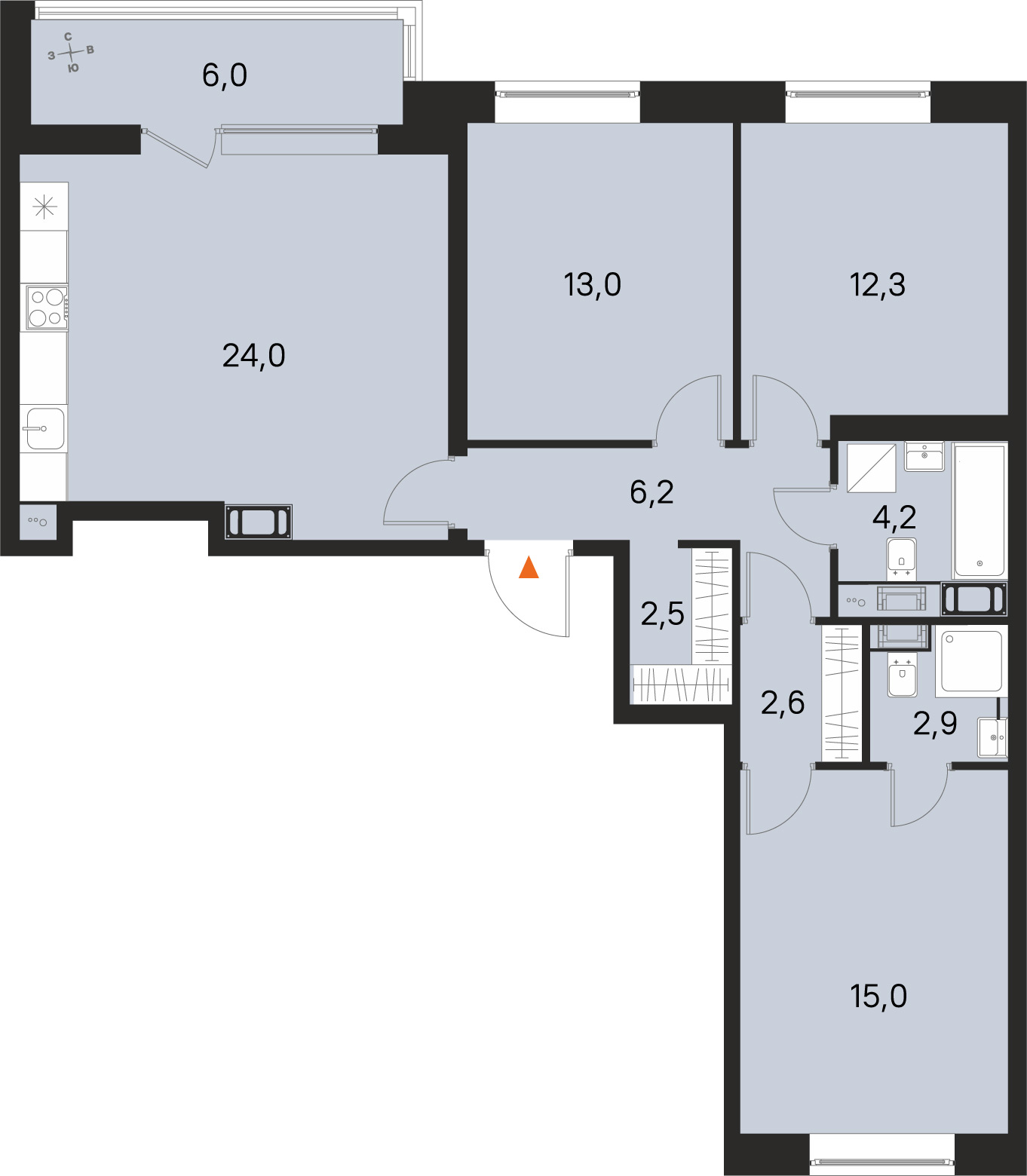 Планировка: 3-комнатная квартира, 82,7 м²