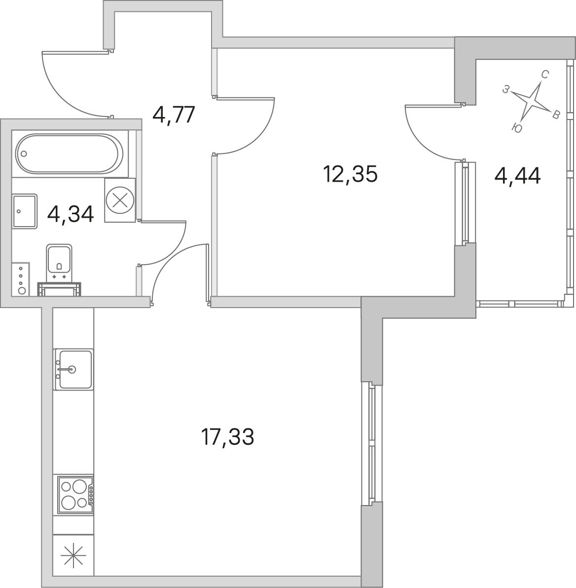 Планировка: 1-комнатная квартира, 38,8 м²