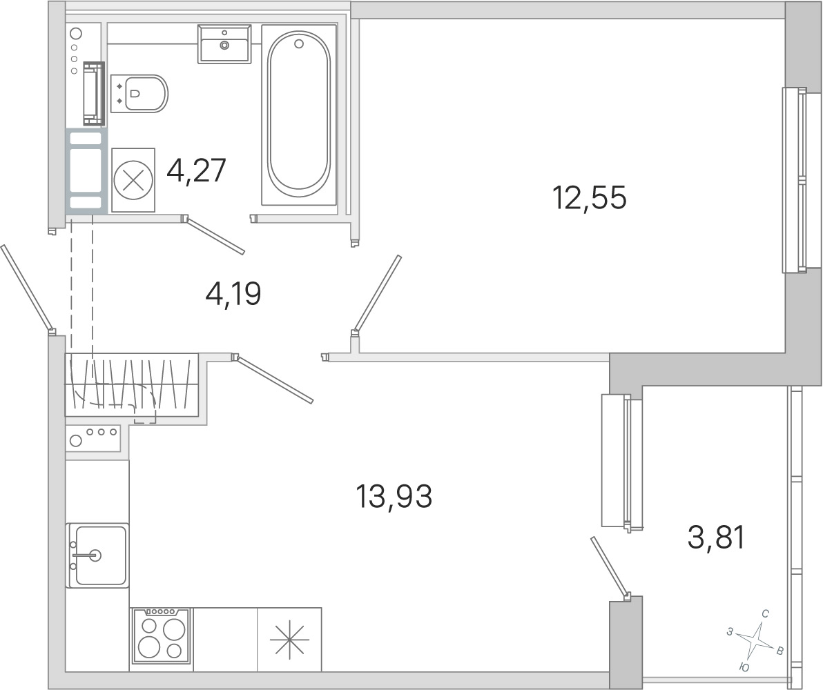 Планировка: 1-комнатная квартира, 34,9 м²