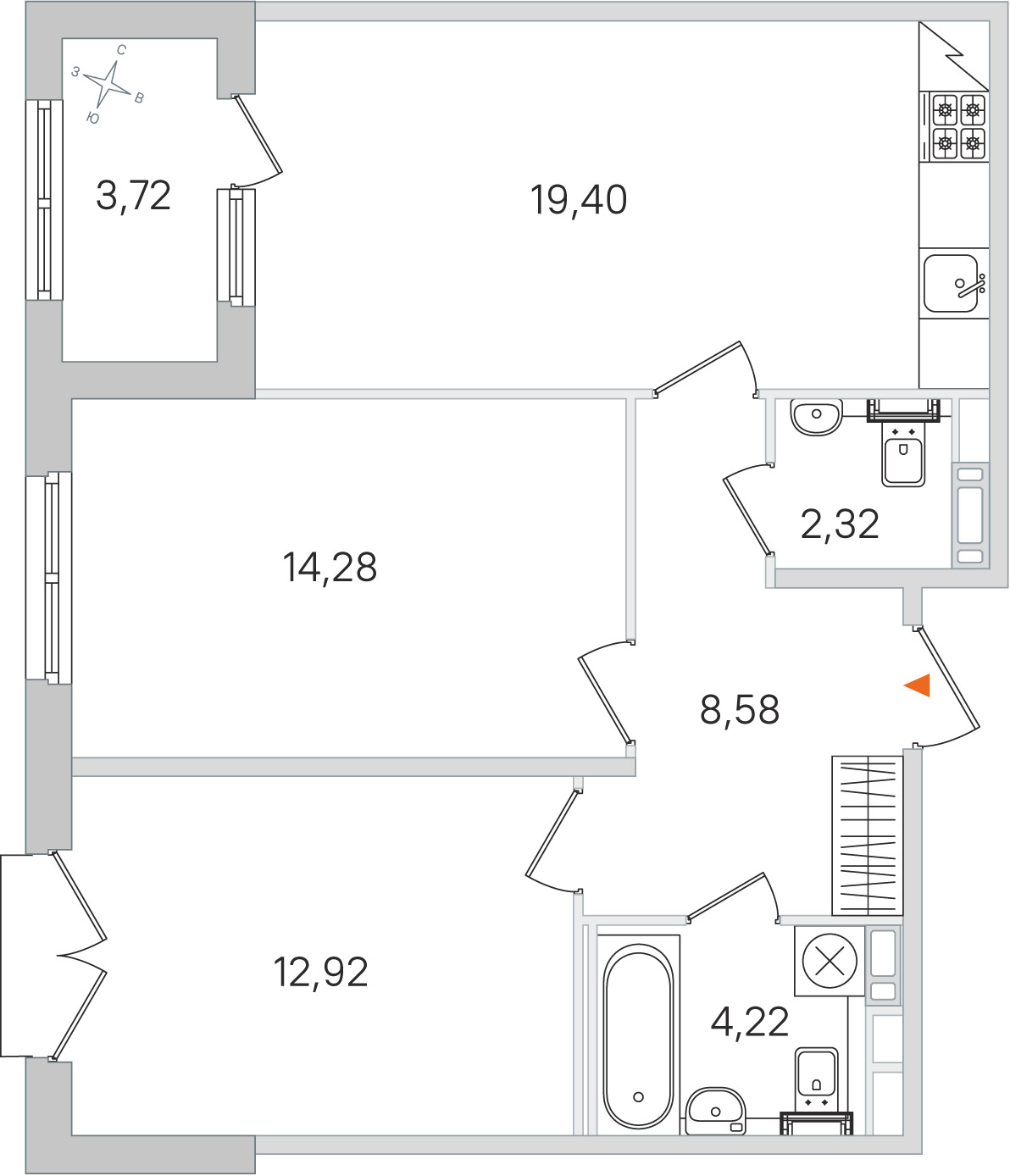 Планировка: 2-комнатная квартира, 61,7 м²