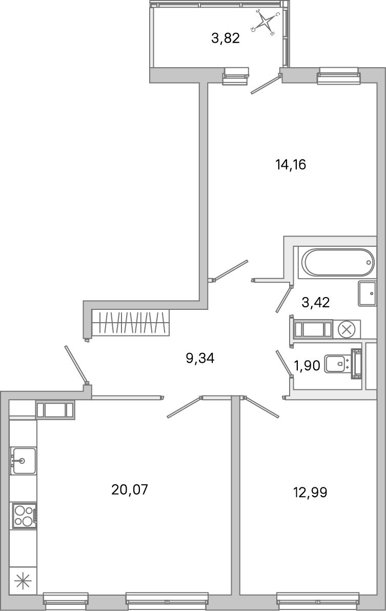 Планировка: 2-комнатная квартира, 61,9 м²