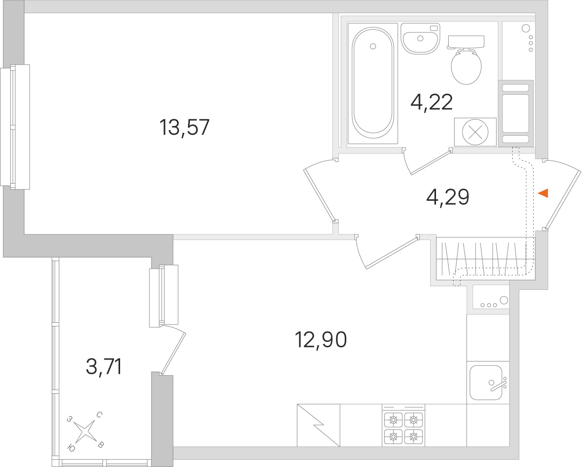 Планировка: 1-комнатная квартира, 35,0 м²