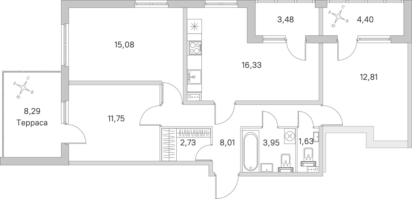 Планировка: 3-комнатная квартира, 72,3 м²