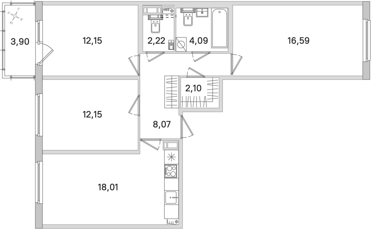 Планировка: 3-комнатная квартира, 75,4 м²