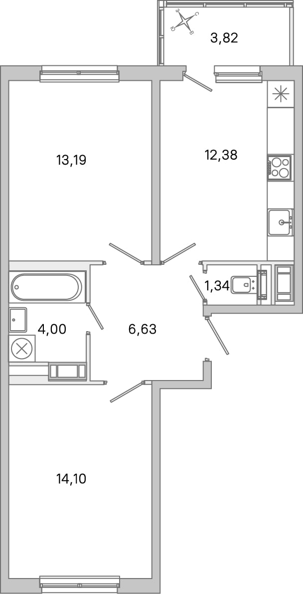 Планировка: 2-комнатная квартира, 51,6 м²